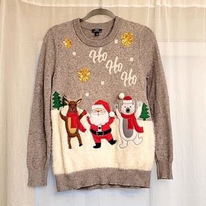 Ugly Christmas Sweater Santa Reindeer Bear Tree Snowflake Sequined Ho Ho Ho